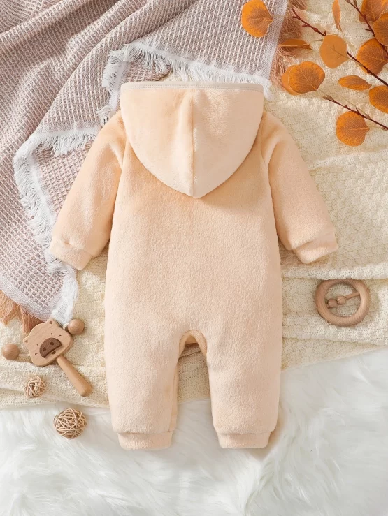 Baby Cartoon Embroidery Hooded Teddy Front Jumpsuit - Image 2