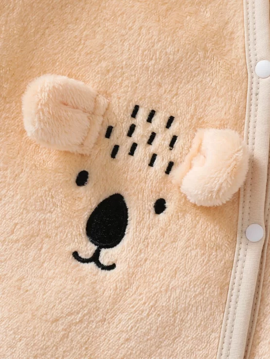 Baby Cartoon Embroidery Hooded Teddy Front Jumpsuit - Image 3