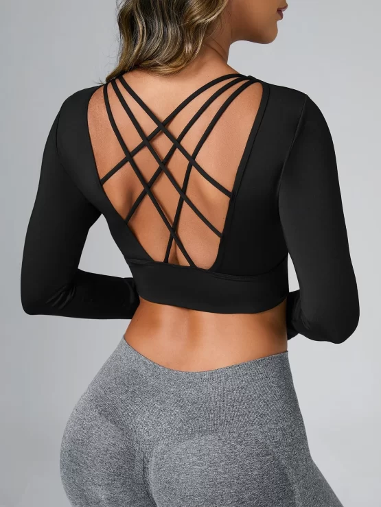 Criss Cross Plain Crop Backless Sports Tee - Image 3