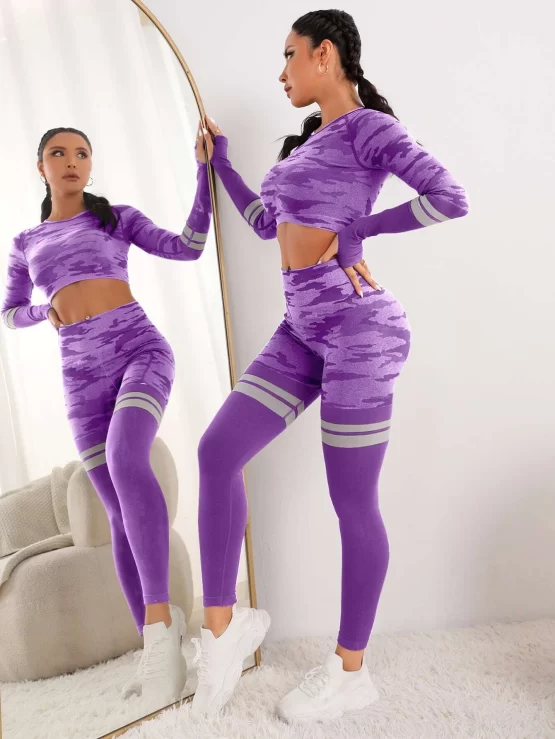 Camo Print Striped Sports Tee & Leggings - Image 7