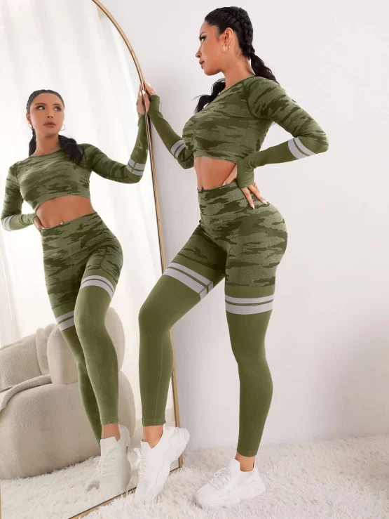 Camo Print Striped Sports Tee & Leggings - Image 8