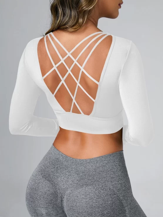 Criss Cross Plain Crop Backless Sports Tee - Image 5