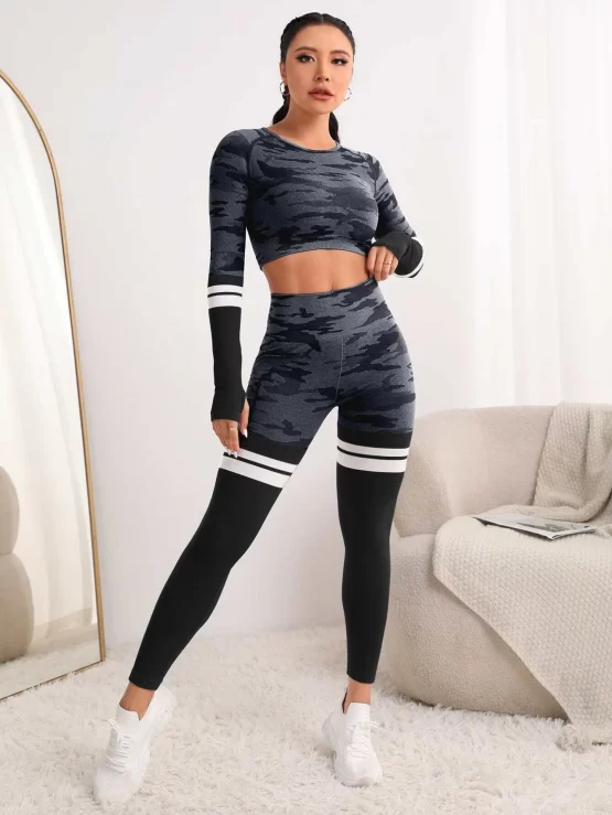 Camo Print Striped Sports Tee & Leggings - Image 4