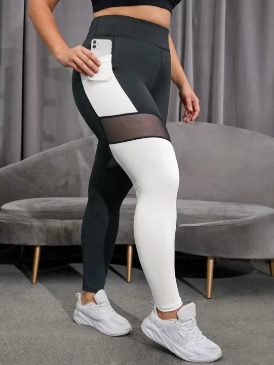 Plus Color Block Mesh Panel Sports Leggings With Phone Pocket