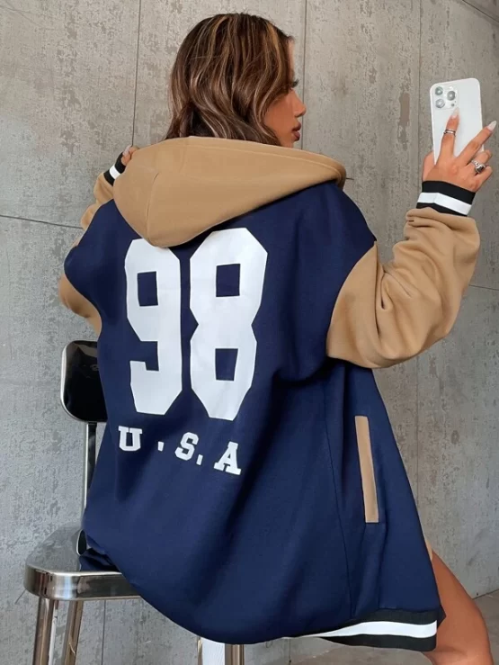 Color Block Number Print Snap Button Front Hooded Jacket