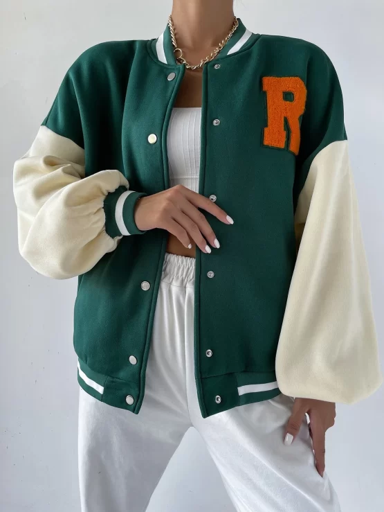 Letter Patch Detail Drop Shoulder Color Block Varsity Hooded Jacket
