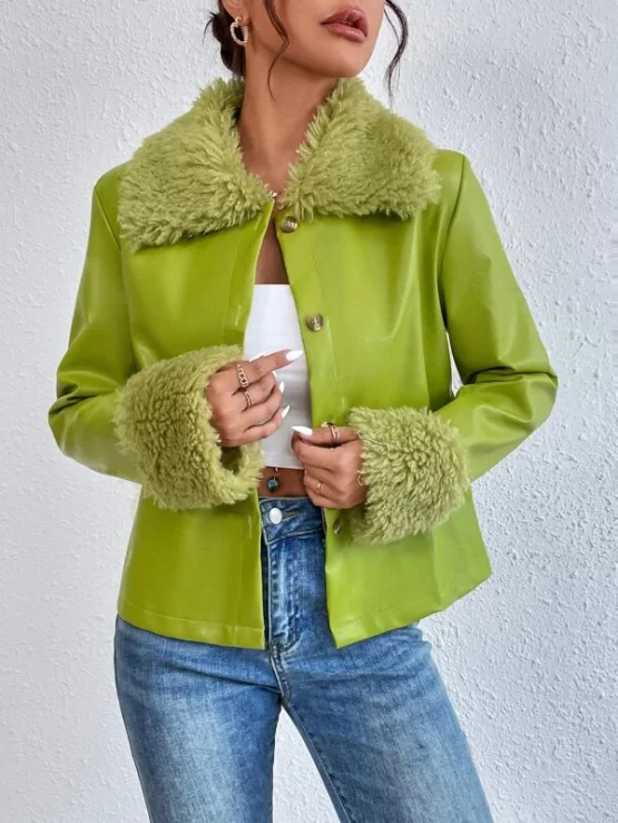 Fuzzy Collar Button Up PU Plaid Jacket