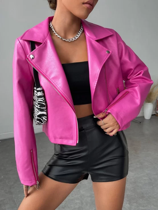 Zip Up Button Plain PU Moto Crop Jacket