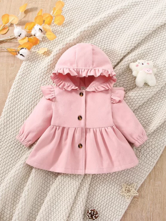 Baby Ruffle Button Front Trim Hooded Coat