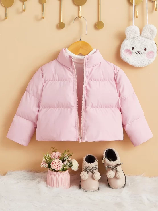 Baby Stand Zipper Plain Collar Puffer Coat