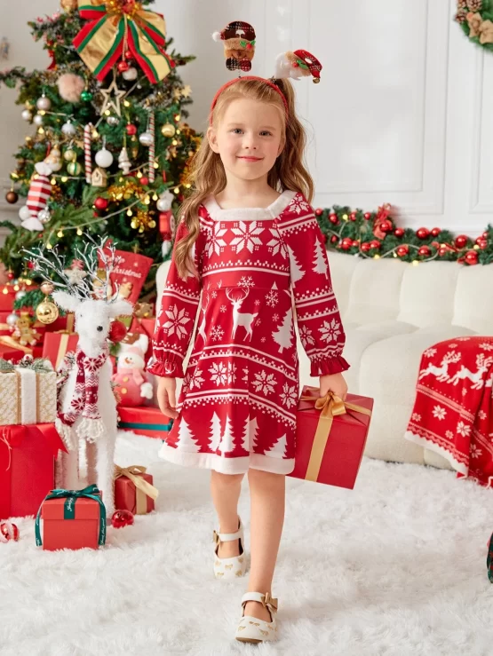 Toddler Girls One Piece Christmas Print Flounce Sleeve Dress