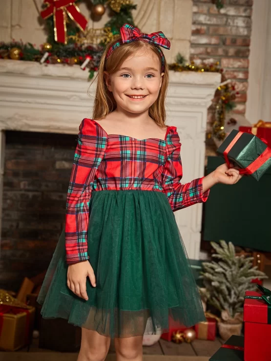 Toddler Girls Tartan Print Panel Mesh Dress