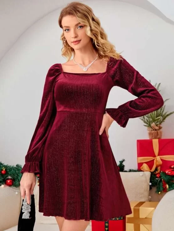 One Piece Square Neck Flounce Sleeve Dress
