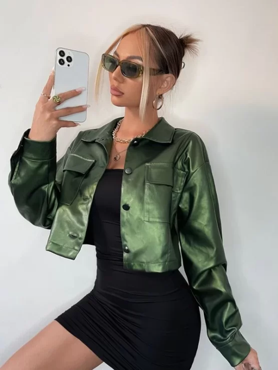 Drop Shoulder Flap Pocket PU Crop Jacket