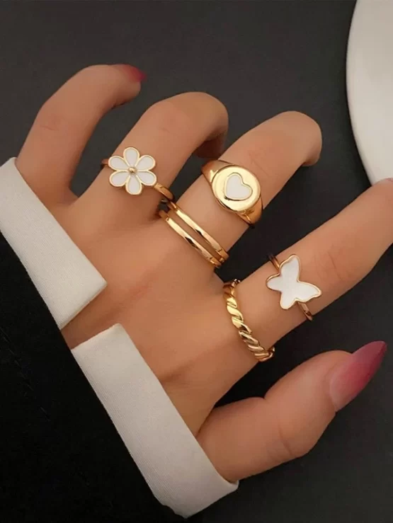 Five Pieces Heart Butterfly Flowers Decor Ring