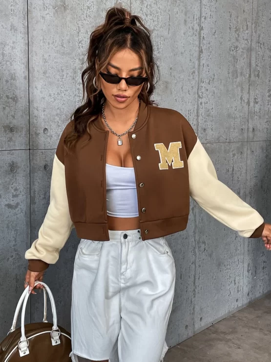 Letter Patched Colorblock Drop Shoulder Bomber Jacket