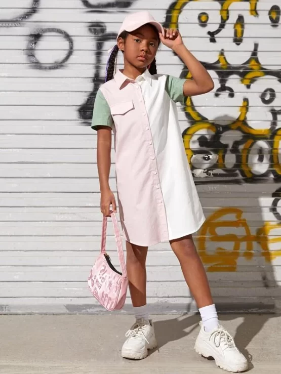 Girls Color Block Flap Detail Shirt Collar Dress
