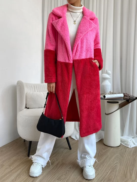 Two Tone Lapel Block Color Neck Teddy Coat