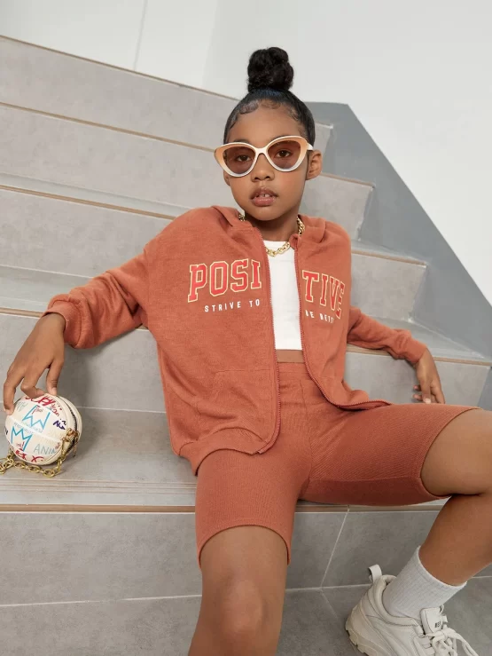 Girls Letter Graphic Zip Up Hoodie & Biker Shorts Set