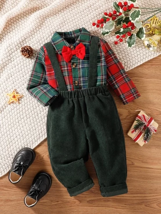 Baby Tartan Print Bow Front Shirt & Suspender Pants