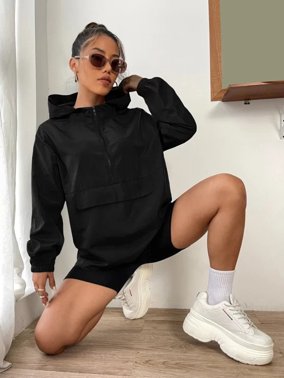 Drop Shoulder Zip Half Placket Wind Hooded Jacket