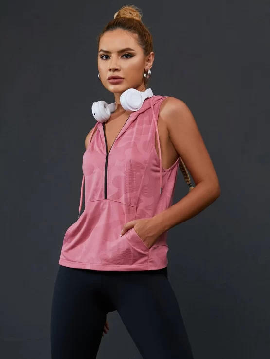 Camo Print Half Zip Drawstring Hooded Sports Tank Top