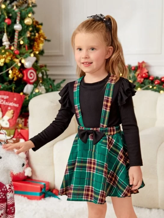 Toddler Girls Ruffle Trim Top & Tartan Print Suspender Skirt