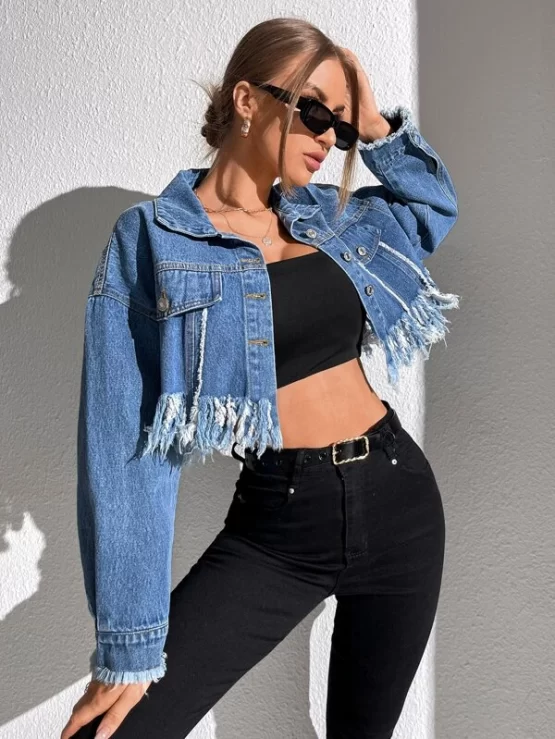 Fringe Trim Drop Shoulder Raw Cut Crop Denim Jacket