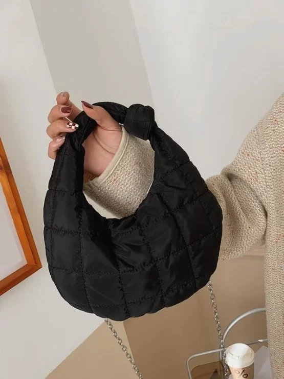 Quilted Knot Detail Top Handle Chain Hobo Bag