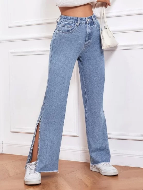 High Waist Studded Detail Split Hem Raw Cut Straight Leg Jeans