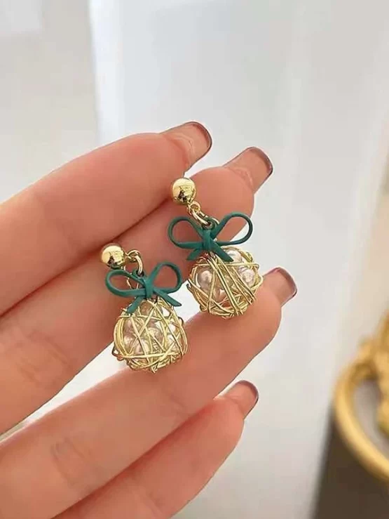 Faux Pearl Decor Hollow Out Ball & Bow Drop Earrings