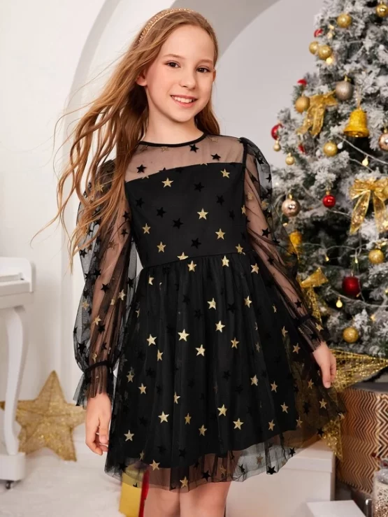 Girls Star Overlay Ruffle Print Mesh Dress