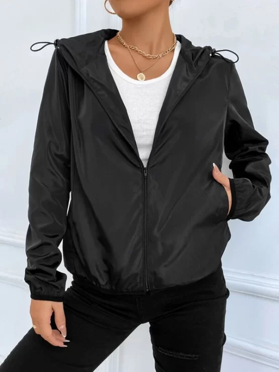 Zip Up Windbreaker Drawstring Hooded Jacket