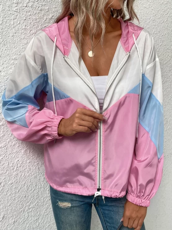 Cut And Sew Drawstring Windbreaker Hooded Jacket