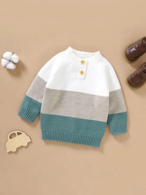 Baby Color Block Pullovers Button Detail Sweater