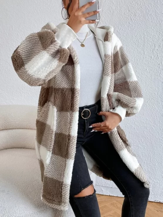 Buffalo Plaid Print Open Front Hooded Flannel Teddy Coat