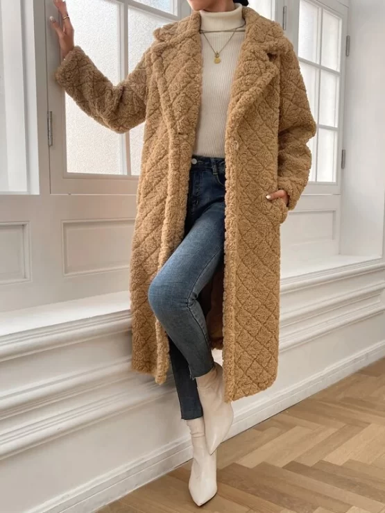 Lapel Neck Slant Drop Shoulder Pocket Teddy Coat