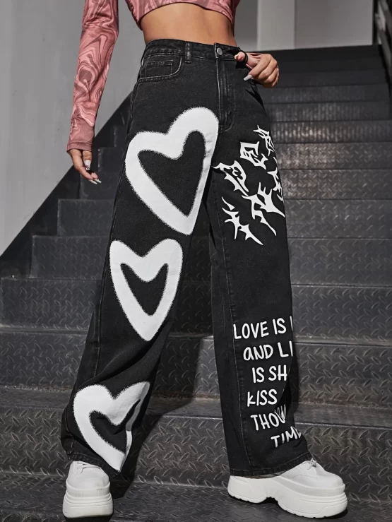 Heart & Slogan Graphic High Waist Jeans