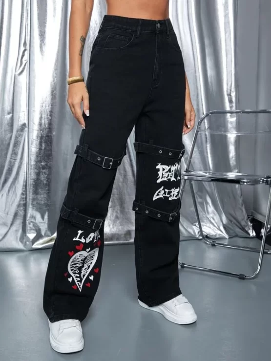 Heart Print Buckle Strap High Waist Jeans