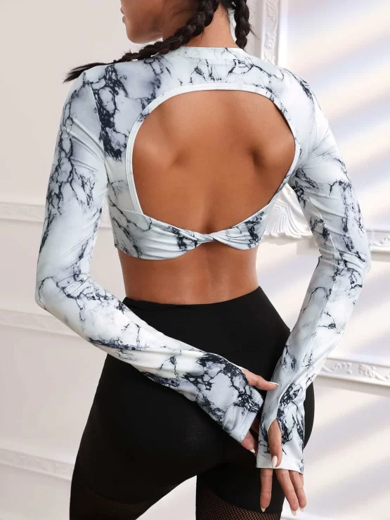 Marble Print Twist Backless Thumb Hole Crop Sports Tee