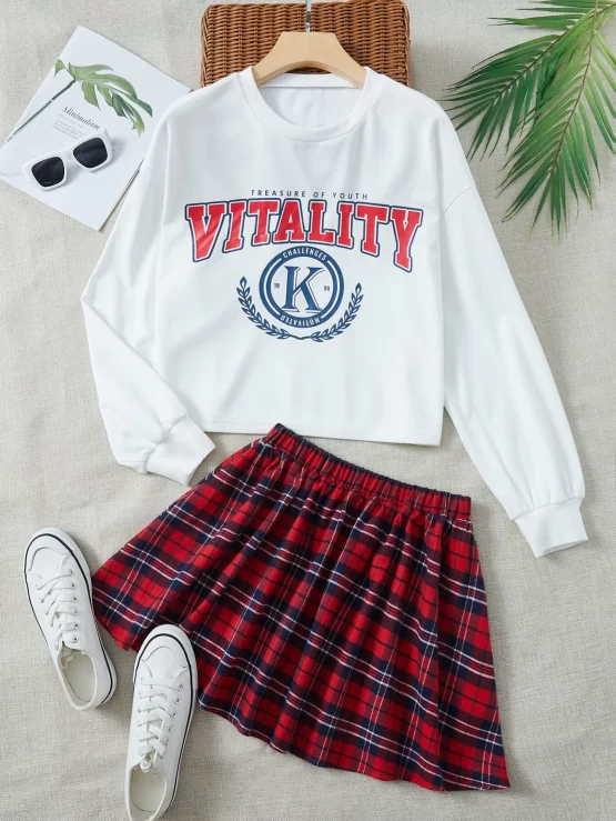 Letter Graphic Drop Shoulder Sweatshirt & Tartan Print Skirt