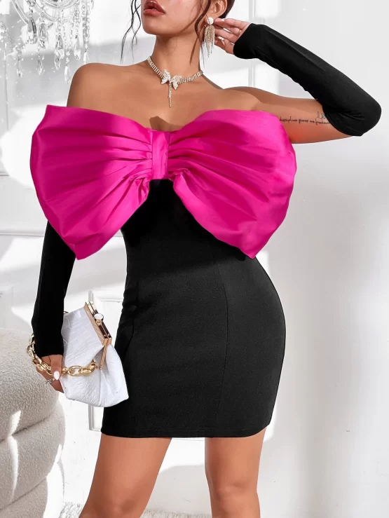 Color Block Bow Front Tube Bodycon Dress & Arm Sleeves