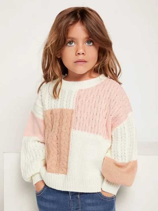 Toddler Girls Color block Cable Knit Drop Shoulder Detail Sweater