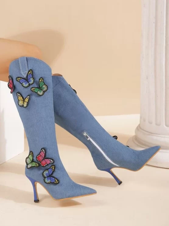 Random Butterfly Decor Point Toe Stiletto Heeled Western Denim Boots