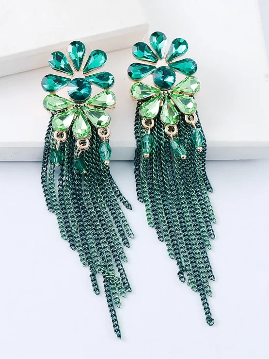 Rhinestone & Bead Decor Metal Tassel Drop Earrings