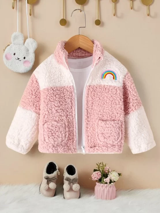 Baby Colorblock Rainbow Embroidery Fleece Jacket Without Tee