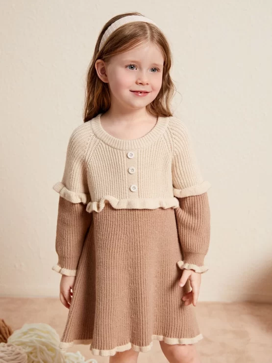 Toddler Girls Two Tone Frill Trim Raglan Sleeve Sweater Dress
