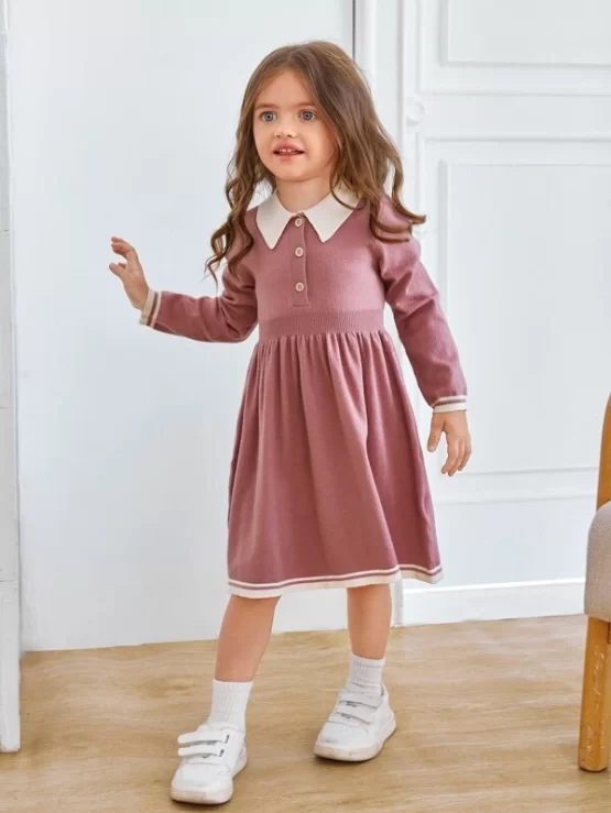 Toddler Girls Contrast Trim Button Detail Sweater Dress