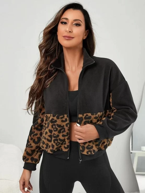 Leopard Print Zipper Warming Sports Jacket