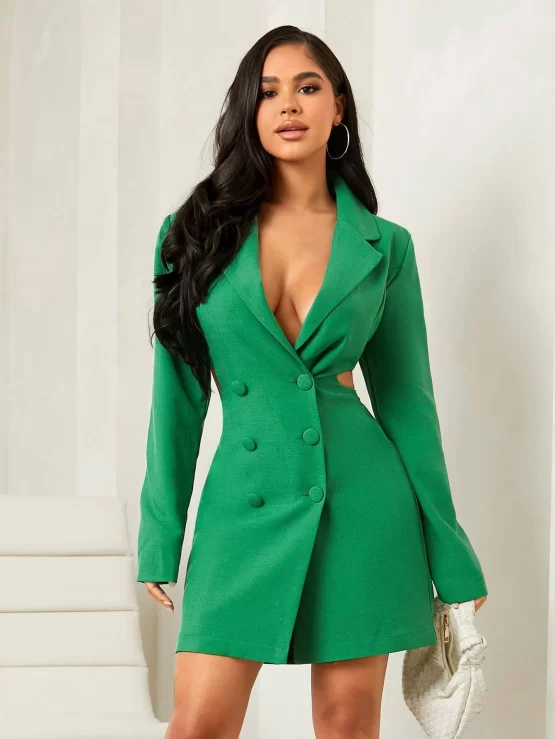 X Maite Perroni Lapel Cut Out Double Breasted Neck Dress